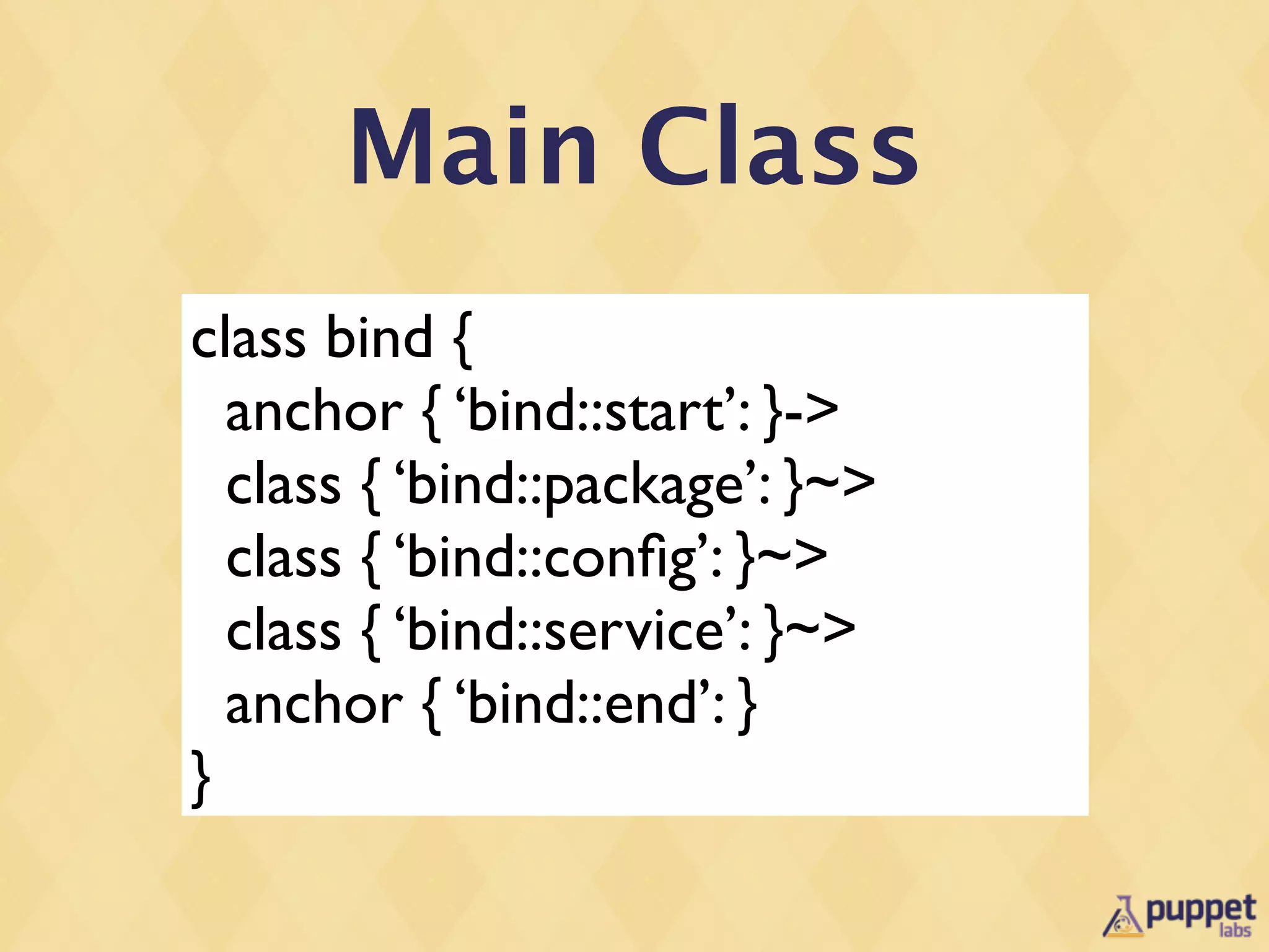 Main Class
class bind {
  anchor { ‘bind::start’: }->
  class { ‘bind::package’: }~>
  class { ‘bind::conﬁg’: }~>
  class { ‘bind::service’: }~>
  anchor { ‘bind::end’: }
}
 