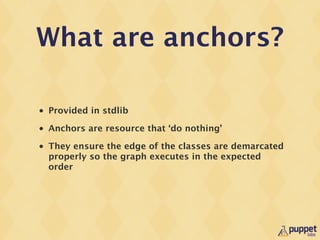 What are anchors?

•   Provided in stdlib
•   Anchors are resource that ‘do nothing’
•   They ensure the edge of the class...