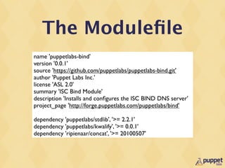 The Moduleﬁle
name 'puppetlabs-bind'
version '0.0.1'
source 'https://github.com/puppetlabs/puppetlabs-bind.git'
author 'Pu...