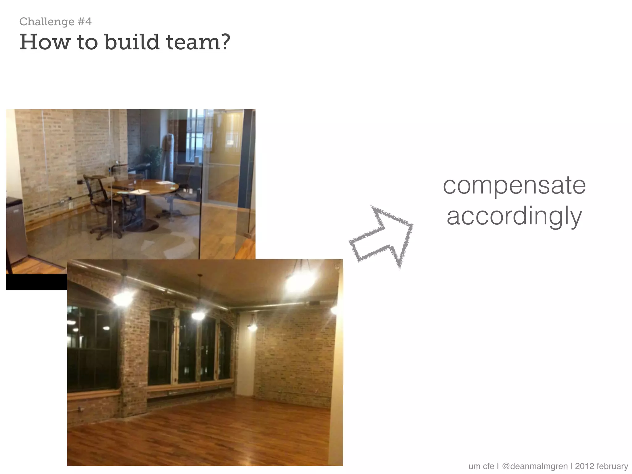 Challenge #4

How to build team?




                     compensate
                     accordingly




                      um cfe | @deanmalmgren | 2012 february
 