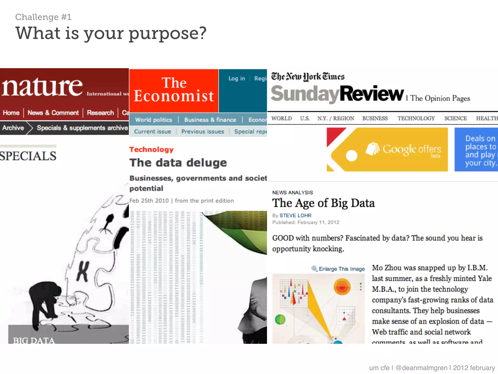 Challenge #1

What is your purpose?




                        um cfe | @deanmalmgren | 2012 february
 