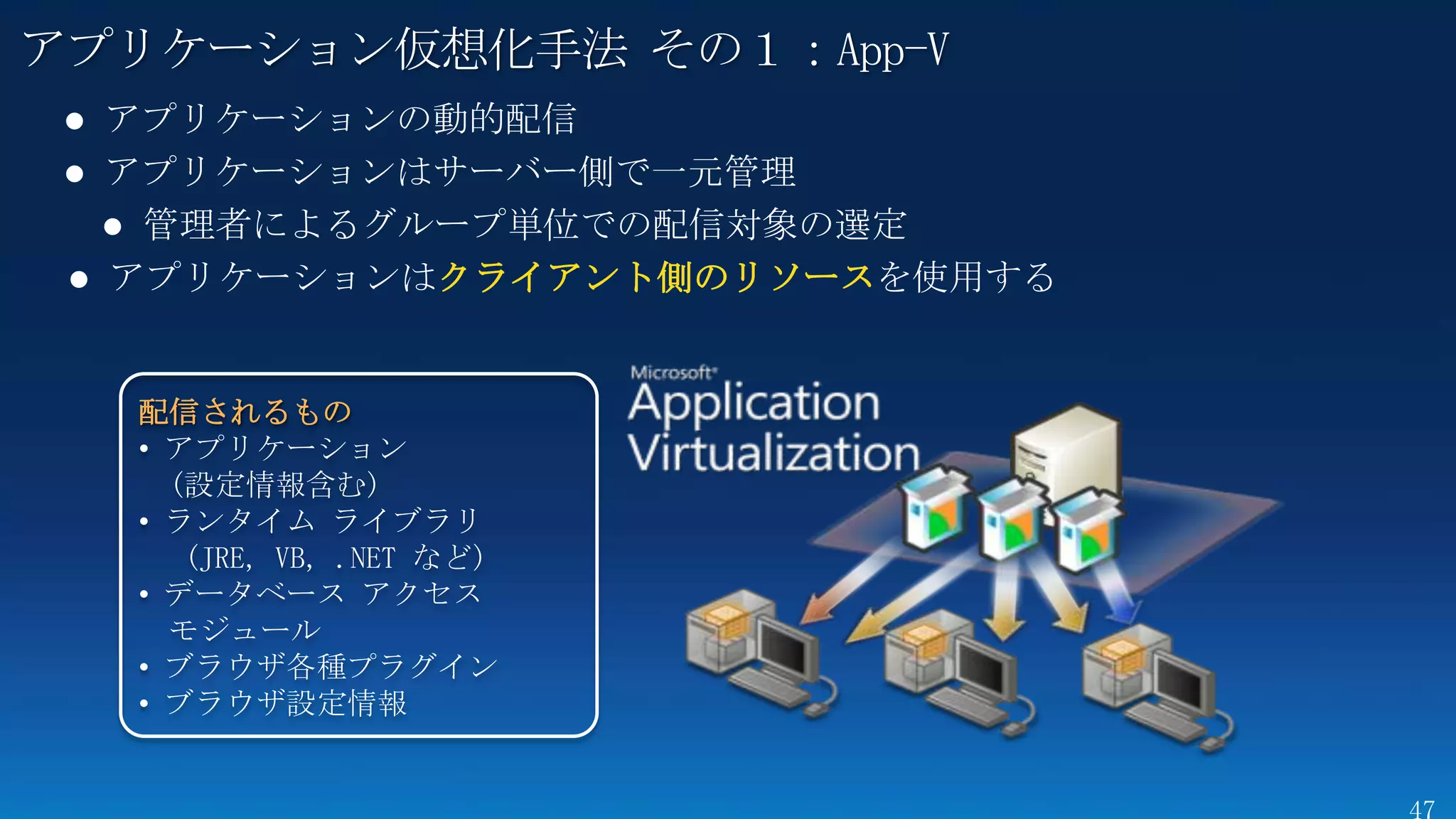 アプリケーション仮想化手法 その１：App-V



                   クライアント側のリソース


  配信されるもの
  • アプリケーション
    (設定情報含む)
  • ランタイム ライブラリ
     (JRE, VB, .NET など)
  • データベース アクセス
    モジュール
  • ブラウザ各種プラグイン
  • ブラウザ設定情報
 