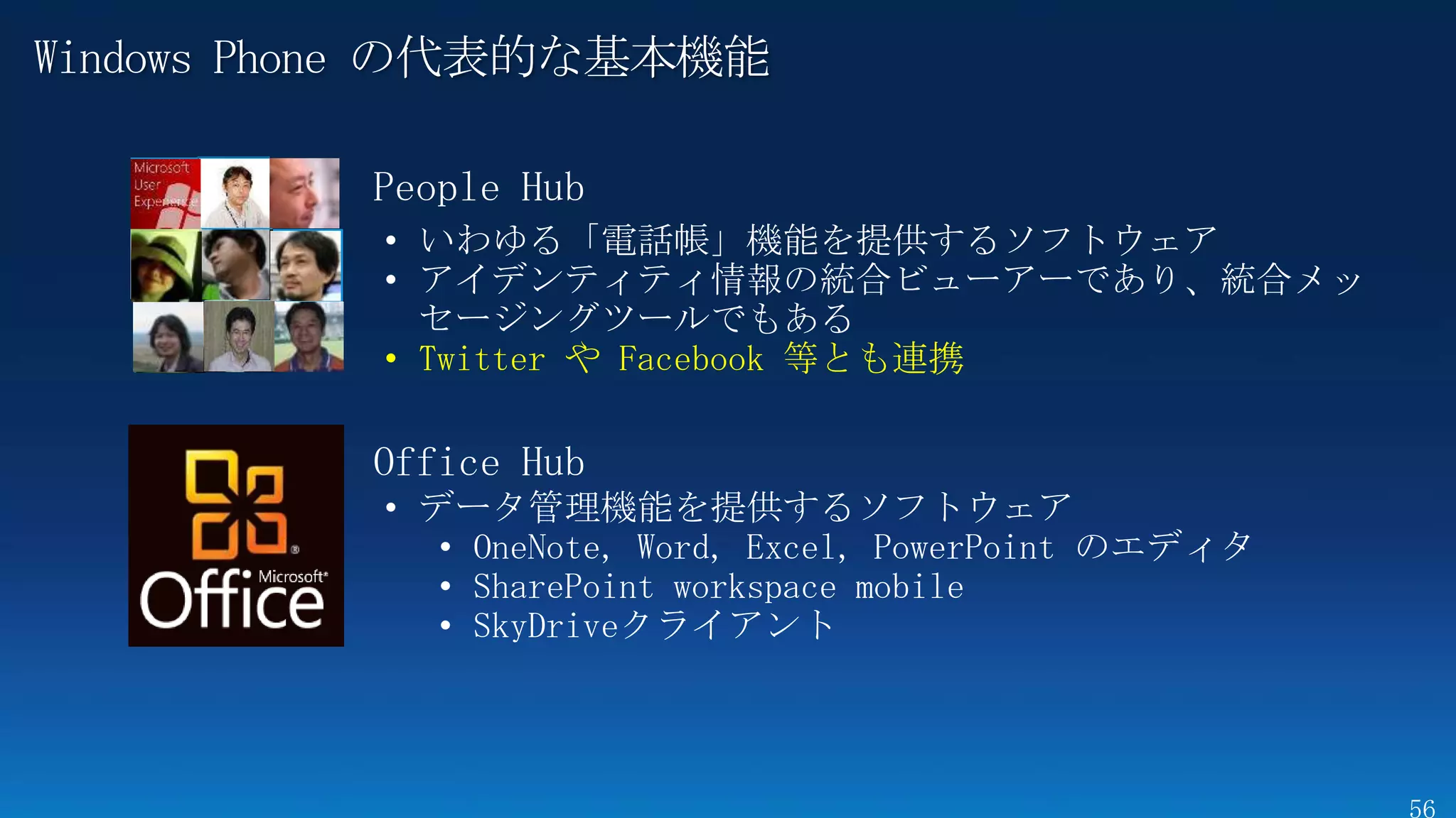 Windows Phone の代表的な基本機能

          People Hub



          • Twitter や Facebook 等とも連携

          Office Hub
 