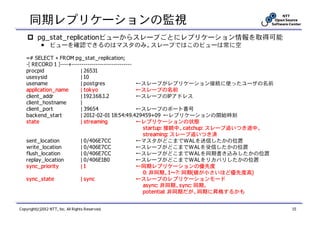 同期レプリケーションの監視
          pg_stat_replicationビューからスレーブごとにレプリケーション情報を取得可能
            ￭ ビューを確認できるのはマスタのみ。スレーブではこのビューは常に空

   =# SELECT * FROM pg_stat_replication;
   -[ RECORD 1 ]----+------------------------------
   procpid                | 26531
   usesysid               | 10
   usename                | postgres                ←スレーブがレプリケーション接続に使ったユーザの名前
   application_name       | tokyo                   ←スレーブの名前
   client_addr            | 192.168.1.2             ←スレーブのIPアドレス
   client_hostname        |
   client_port            | 39654                   ←スレーブのポート番号
   backend_start          | 2012-02-01 18:54:49.429459+09 ←レプリケーションの開始時刻
   state                  | streaming               ←レプリケーションの状態
                                                     startup: 接続中、catchup: スレーブ追いつき途中、
                                                     streaming: スレーブ追いつき済
   sent_location          | 0/406E7CC               ←マスタがどこまでWALを送信したかの位置
   write_location         | 0/406E7CC               ←スレーブがどこまでWALを受信したかの位置
   flush_location         | 0/406E7CC               ←スレーブがどこまでWALを同期書き込みしたかの位置
   replay_location        | 0/406E1B0               ←スレーブがどこまでWALをリカバリしたかの位置
   sync_priority          |1                        ←同期レプリケーションの優先度
                                                     0: 非同期、1～?: 同期(値が小さいほど優先度高)
   sync_state             | sync                    ←スレーブのレプリケーションモード
                                                     async: 非同期、sync: 同期、
                                                     potential: 非同期だが、同期に昇格するかも


Copyright(c)2012 NTT, Inc. All Rights Reserved.                                          15
 
