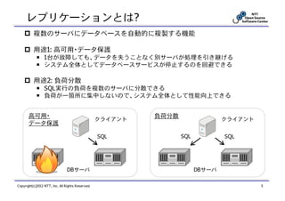 レプリケーションとは?
          複数のサーバにデータベースを自動的に複製する機能

          用途1: 高可用・データ保護
            ￭ 1台が故障しても、データを失うことなく別サーバが処理を引き継げる
            ￭ システム全体としてデータベースサービスが停止するのを回避できる

          用途2: 負荷分散
            ￭ SQL実行の負荷を複数のサーバに分散できる
            ￭ 負荷が一箇所に集中しないので、システム全体として性能向上できる


       高可用・                                                負荷分散
                                                  クライアント                        クライアント
       データ保護

                                                  SQL             SQL           SQL




                                DBサーバ                                   DBサーバ

Copyright(c)2012 NTT, Inc. All Rights Reserved.                                          5
 