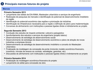 SPO-YBA003-20130221

2     Principais marcos futuros do projeto
    Marcos
     Primeiro Semestre 2013
     ▪ Lançamento dos editais de EIA-RIMA, Masterplan urbanístico e serviços de engenharia
     ▪ Realização de pesquisas de mercado e identificação do potencial de desenvolvimento imobiliário
       da região
     ▪ Identificação do potencial econômico das regiões e priorização de indústrias
     ▪ Identificação da infraestrutura necessária para a região e definição de plano para implementação
     ▪ Conversas de alinhamento com instituições e pessoas ligadas direta e indiretamente ao projeto
     Segundo Semestre 2013
     ▪ Condução dos estudos de impacto ambiental, cultural e paisagístico
     ▪ Aprofundamento dos estudos e serviços de engenharia (projeto básico)
     ▪ Desenvolvimento de estratégia de desenvolvimento social
     ▪ Desenvolvimento de estratégia de desenvolvimento econômico e plano de atração de novas
       indústrias e empresas âncora
     ▪ Desenvolvimento de estratégia de desenvolvimento imobiliário e conceito do Masterplan
       urbanístico
     ▪ Finalização da modelagem da concessão da ponte (incluindo modelo econômico-financeiro,
       incentivos, minutas de anexos ao contrato, estratégias, garantias, etc)
     ▪ Discussões de alinhamento com instituições e pessoas ligadas direta e indiretamente ao projeto
     Primeiro Semestre 2014
     ▪ Finalização da modelagem econômico-financeira do projeto
     ▪ Lançamento do edital para concessão da obra
                                                                                                         | 9
 