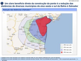 SPO-YBA003-20130221

1   Um claro benefício direto da construção da ponte é a redução das
distâncias de diversos municípios do eixo oeste e sul da Bahia à Salvador
    Redução das distâncias à Salvador12
    %




1 Distância sem ponte calculada como distância rodoviária (BR-101) das cidades analisadas até o porto de Salvador.
2 Distância com ponte calculada como distância rodoviária até Mar Grande, Vera Cruz (entrada da futura ponte) + 12km (comprimento aproximado   | 4
  da ponte)
 