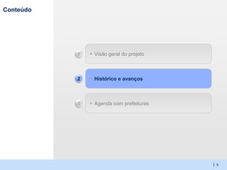 SPO-YBA003-20130221


Conteúdo




           1    Visão geral do projeto



           2    Histórico e avanços



           3    Agenda com prefeituras




                                                       | 5
 