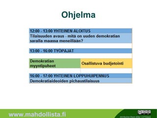 Ohjelma




                          4
www.mahdollista.fi            Attribution-Share Alike 1.0 Finland
 