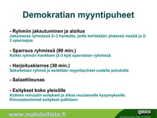 Demokratian myyntipuheet
- Ryhmiin jakautuminen ja aloitus
Jokaisessa ryhmässä 2–3 hanketta, joille kehitetään yhdessä viestiä ja 2-
3 sparraajaa.

- Sparraus ryhmissä (90 min.)
Kaikki ryhmän hankkeet (2-3 kpl) sparrataan ryhmissä

- Harjoituskierros (30 min.)
Sekoitetaan ryhmiä ja esitetään myyntipuheet uudelle porukalle

- Salaattilounas

- Esitykset koko yleisölle
Kolmen minuutin esitykset ja aikaa muutamalle kysymykselle.
Kiinnostavimmat esitykset palkitaan

                                                       5
www.mahdollista.fi                                         Attribution-Share Alike 1.0 Finland
 