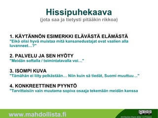 Hissipuhekaava
                (jota saa ja tietysti pitääkin rikkoa)


1. KÄYTÄNNÖN ESIMERKKI ELÄVÄSTÄ ELÄMÄSTÄ
"Eikö olisi hyvä muistaa mitä kansanedustajat ovat vaalien alla
luvanneet…?"

2. PALVELU JA SEN HYÖTY
"Meidän softalla / toimintatavalla voi…"

3. ISOMPI KUVA
"Tämähän ei liity pelkästään… Niin kuin sä tiedät, Suomi muuttuu…"

4. KONKREETTINEN PYYNTÖ
"Tarvittaisiin vain muutama sopiva osaaja tekemään meidän kanssa




                                                      7
www.mahdollista.fi                                        Attribution-Share Alike 1.0 Finland
 