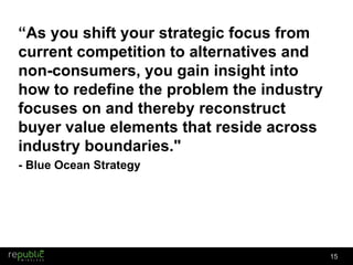 “ As you shift your strategic focus from current competition to alternatives and non-consumers, you gain insight into how to redefine the problem the industry focuses on and thereby reconstruct buyer value elements that reside across industry boundaries."  - Blue Ocean Strategy 