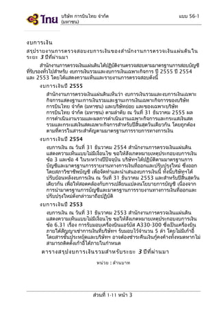 บริษัท การบินไทย จำากัด
(มหาชน)

แบบ 56-1

งบการเงิน
สรุป รายงานการตรวจสอบงบการเงิน ของสำา นัก งานการตรวจเงิน แผ่น ดิน ใน
ระยะ 3 ปีท ผ า นมา
ี่ ่
สำานักงานการตรวจเงินแผ่นดินได้ปฏิบตงานตรวจสอบตามมาตรฐานการสอบบัญชี
ั ิ
ทีรบรองทัวไปสำาหรับ งบการเงินรวมและงบการเงินเฉพาะกิจการ ปี 2555 ปี 2554
่ ั
่
และ 2553 โดยได้แสดงความเห็นและรายงานการตรวจสอบดังนี้
งบการเงิน ปี 2555
สำานักงานการตรวจเงินแผ่นดินเห็นว่า งบการเงินรวมและงบการเงินเฉพาะ
กิจการแสดงฐานะการเงินรวมและฐานะการเงินเฉพาะกิจการของบริษท
ั
การบินไทย จำากัด (มหาชน) และบริษทย่อย และของเฉพาะบริษท
ั
ั
การบินไทย จำากัด (มหาชน) ตามลำาดับ ณ วันที่ 31 ธันวาคม 2555 ผล
การดำาเนินงานรวมและผลการดำาเนินงานเฉพาะกิจการและกระแสเงินสด
รวมและกระแสเงินสดเฉพาะกิจการสำาหรับปีสิ้นสุดวันเดียวกัน โดยถูกต้อง
ตามที่ควรในสาระสำาคัญตามมาตรฐานการรายการทางการเงิน
งบการเงิน ปี 2554
งบการเงิน ณ วันที่ 31 ธันวาคม 2554 สำานักงานการตรวจเงินแผ่นดิน
แสดงความเห็นแบบไม่มีเงื่อนไข ขอให้สังเกตหมายเหตุประกอบงบการเงิน
ข้อ 3 และข้อ 4 ในระหว่างปีปัจจุบัน บริษัทฯได้ปฏิบัติตามมาตรฐานการ
บัญชีและมาตรฐานการรายงานทางการเงินที่ออกและปรับปรุงใหม่ ซึ่งออก
โดยสภาวิชาชีพบัญชี เพื่อจัดทำาและนำาเสนองบการเงินนี้ ทั้งนี้บริษัทฯได้
ปรับย้อนหลังงบการเงิน ณ วันที่ 31 ธันวาคม 2553 และสำาหรับปีสิ้นสุดวัน
เดียวกัน เพื่อให้สอดคล้องกับการเปลี่ยนแปลงนโยบายการบัญชี เนื่องจาก
การนำามาตรฐานการบัญชีและมาตรฐานการรายงานทางการเงินที่ออกและ
ปรับปรุงใหม่ดังกล่าวมาถือปฏิบัติ
งบการเงิน ปี 2553
งบการเงิน ณ วันที่ 31 ธันวาคม 2553 สำานักงานการตรวจเงินแผ่นดิน
แสดงความเห็นแบบไม่มีเงื่อนไข ขอให้สังเกตหมายเหตุประกอบงบการเงิน
ข้อ 6.31 เรื่อง การรับมอบเครื่องบินแอร์บัส A330-300 ซึ่งเป็นเครื่องบิน
ภายใต้สัญญาเช่าการเงินที่บริษัทฯ รับมอบไว้จำานวน 5 ลำา โดยไม่มีเก้าอี้
โดยสารชั้นประหยัดและบริษัทฯ อาจต้องชำาระคืนเงินกู้คงค้างทั้งหมดหากไม่
สามารถติดตั้งเก้าอี้ได้ภายในกำาหนด

ตารางสรุป งบการเงิน รวมสำา หรับ ระยะ 3 ปีท ี่ผ ่า นมา
หน่ว ย : ล้า นบาท

ส่วนที่ 1-11 หน้า 3

 