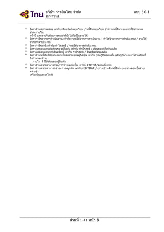 บริษัท การบินไทย จำากัด
(มหาชน)

(1)

(2)

(3)
(4)
(5)
(6)

(7)
(8)

แบบ 56-1

อัตราส่วนสภาพคล่อง เท่ากับ สินทรัพย์หมุนเวียน / หนี้สินหมุนเวียน (ไม่รวมหนี้สินระยะยาวที่ถึงกำาหนด
ชำาระภายใน
หนึ่งปี และรายรับด้านการขนส่งที่ยังไม่ถือเป็นรายได้)
อัตรากำาไรจากการดำาเนินงาน เท่ากับ (รายได้จากการดำาเนินงาน - ค่าใช้จ่ายจากการดำาเนินงาน) / รายได้
จากการดำาเนินงาน
อัตรากำาไรสุทธิ เท่ากับ กำาไรสุทธิ / รายได้จาการดำาเนินงาน
อัตราผลตอบแทนต่อส่วนของผู้ถอหุ้น เท่ากับ กำาไรสุทธิ / ส่วนของผู้ถอหุ้นเฉลี่ย
ื
ื
อัตราผลตอบแทนจากสินทรัพย์ เท่ากับ กำาไรสุทธิ / สินทรัพย์รวมเฉลี่ย
อัตราส่วนหนี้สินที่มีภาระดอกเบี้ยต่อส่วนของผู้ถือหุ้น เท่ากับ (เงินกูยืมระยะสั้น+เงินกูยืมระยะยาวรวมส่วนที่
้
้
ถึงกำาหนดชำาระ
ภายใน 1 ปี)/ส่วนของผูถือหุ้น
้
อัตราส่วนความสามารถในการชำาระดอกเบี้ย เท่ากับ EBITDA/ดอกเบียจ่าย
้
อัตราส่วนความสามารถชำาระภาระผูกพัน เท่ากับ EBITDAR / (การชำาระคืนหนี้สินระยะยาว+ดอกเบี้ยจ่าย
+ค่าเช่า
เครื่องบินและอะไหล่)

ส่วนที่ 1-11 หน้า 8

 