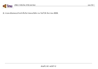 บริษัท การบินไทย จำากัด (มหาชน)

แบบ 56-1

2. รายละเอีย ดของเจ้า หน้า ที่บ ริห ารของบริษ ัท ฯ ณ วัน ที่ 31 ธัน วาคม 2555

ส่วนที่ 2-A1 หน้าที่ 12

 