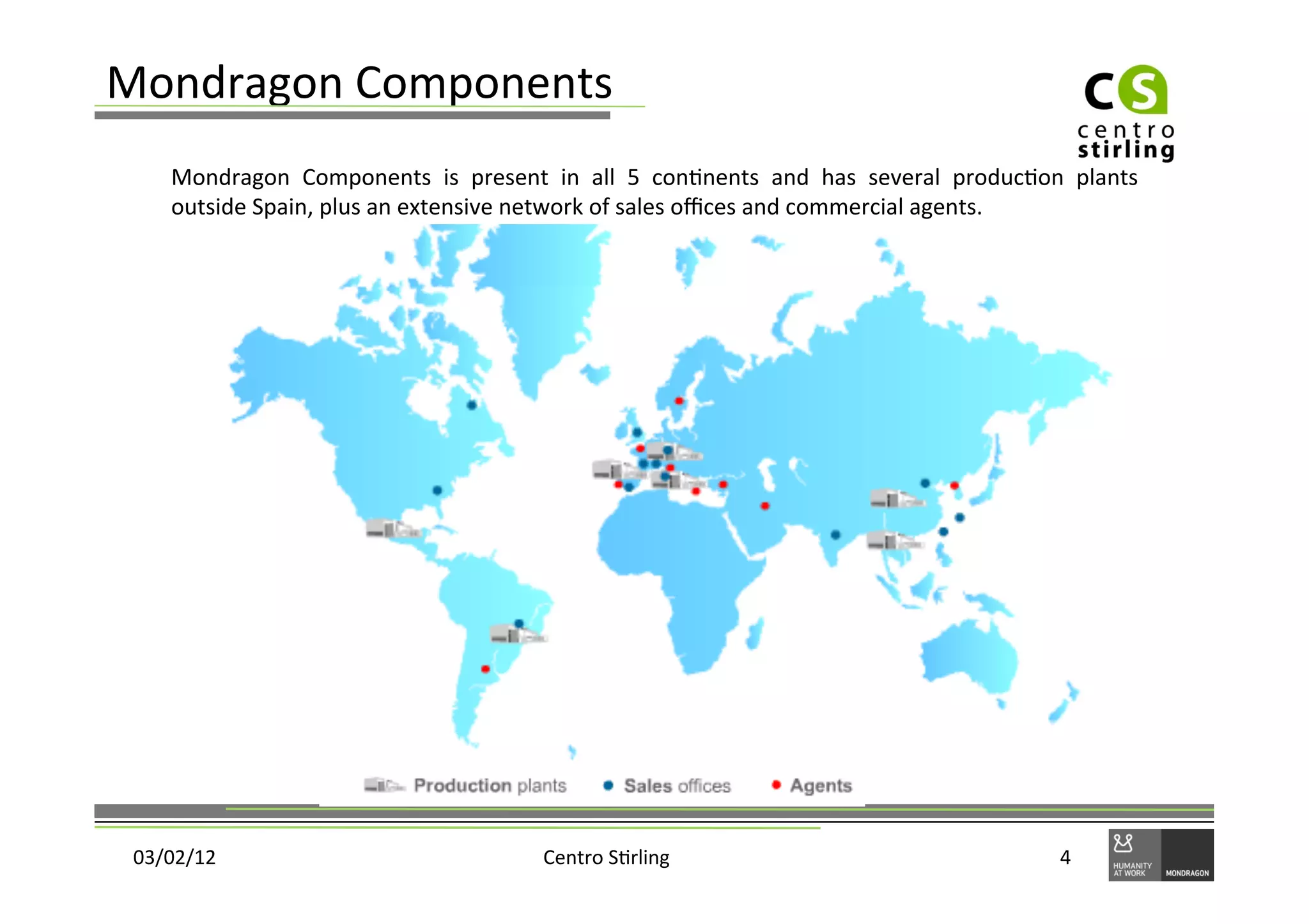 Mondragon	
  Components	
  
      Mondragon	
   Components	
   is	
   present	
   in	
   all	
   5	
   con)nents	
   and	
   has	
   several	
   produc)on	
   plants	
  
      outside	
  Spain,	
  plus	
  an	
  extensive	
  network	
  of	
  sales	
  oﬃces	
  and	
  commercial	
  agents.	
  	
  




 03/02/12	
                                              Centro	
  S)rling	
                                                     4	
  
 