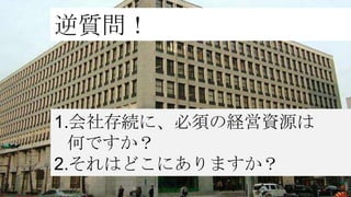 逆質問！


1.会社存続に、必須の経営資源は
  何ですか？
2.それはどこにありますか？
 