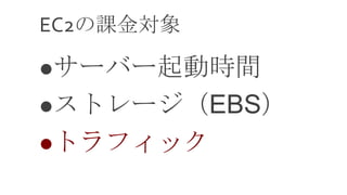 EC2の課金対象

サーバー起動時間

ストレージ（EBS）

トラフィック
 