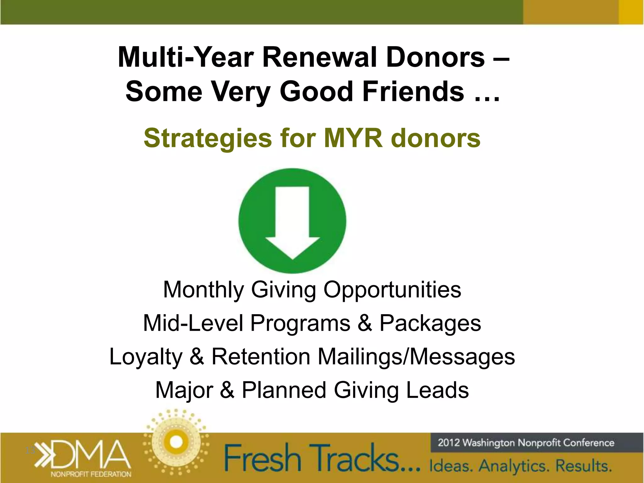Multi-Year Renewal Donors –
     Some Very Good Friends …
        Strategies for MYR donors




          Monthly Giving Opportunities
        Mid-Level Programs & Packages
     Loyalty & Retention Mailings/Messages
         Major & Planned Giving Leads

13
 