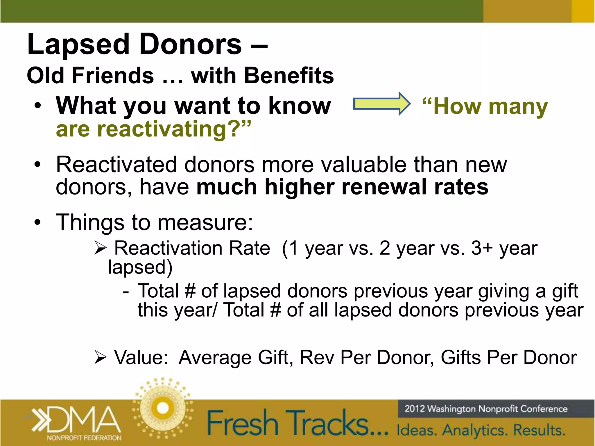 Lapsed Donors –
Old Friends … with Benefits
     • What you want to know                    “How many
       are reactivating?”
     • Reactivated donors more valuable than new
       donors, have much higher renewal rates
     • Things to measure:
           Reactivation Rate (1 year vs. 2 year vs. 3+ year
           lapsed)
             - Total # of lapsed donors previous year giving a gift
               this year/ Total # of all lapsed donors previous year

           Value: Average Gift, Rev Per Donor, Gifts Per Donor

14
 