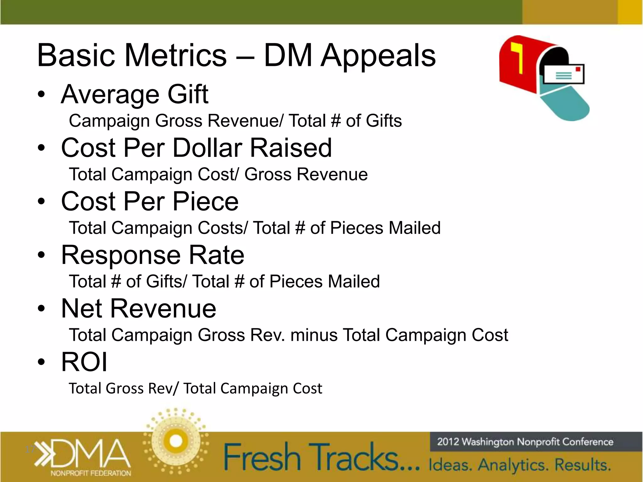 Basic Metrics – DM Appeals
     • Average Gift
       Campaign Gross Revenue/ Total # of Gifts
     • Cost Per Dollar Raised
       Total Campaign Cost/ Gross Revenue
     • Cost Per Piece
       Total Campaign Costs/ Total # of Pieces Mailed
     • Response Rate
       Total # of Gifts/ Total # of Pieces Mailed
     • Net Revenue
       Total Campaign Gross Rev. minus Total Campaign Cost
     • ROI
       Total Gross Rev/ Total Campaign Cost


17
 
