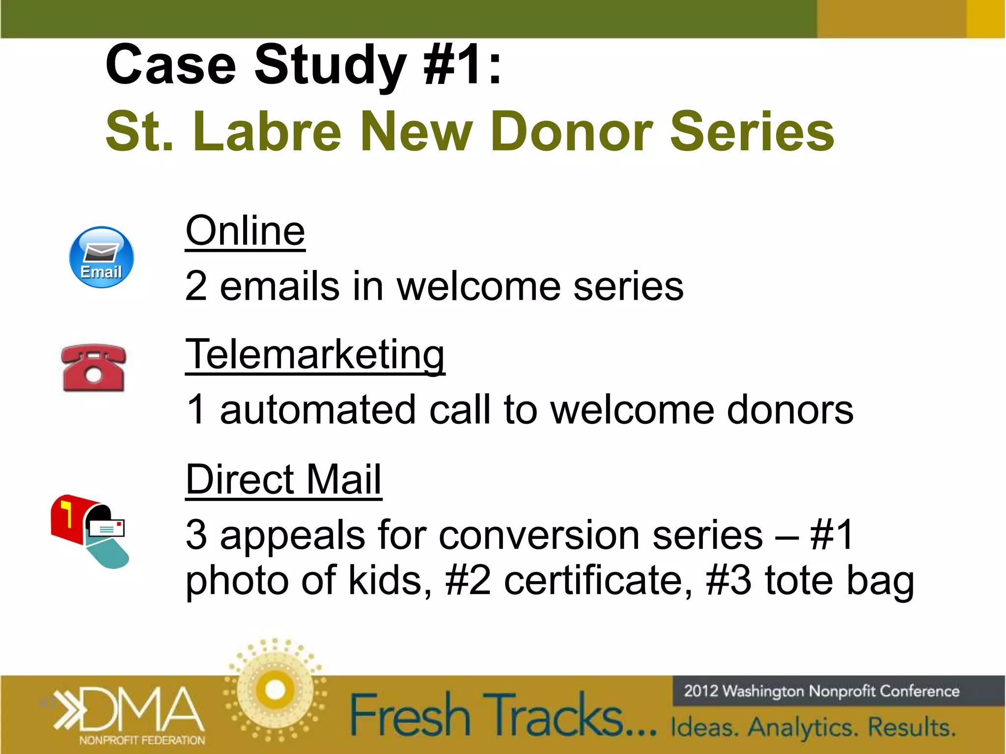 Case Study #1:
     St. Labre New Donor Series
       Online
       2 emails in welcome series
       Telemarketing
       1 automated call to welcome donors
       Direct Mail
       3 appeals for conversion series – #1
       photo of kids, #2 certificate, #3 tote bag

43
 