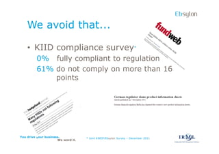 Ebsylon
    We avoid that...

    ? KIID compliance survey*
         0% fully compliant to regulation
         61% do not comply on more than 16
             points




You drive your business.            * Joint KNEIP/Ebsylon Survey C December 2011
                      We word it.
 