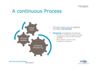 Ebsylon
    A continuous Process


                          Initial           ?   KII document is to be updated
                                                annually, ad minima
                           KIID
                                            ?   Ongoing monitoring to ensure:
                                                 C   Accuracy of SRRI & ongoing charges
                                                 C   Consistency with the funds actual
              Annual                                 portfolio
                                                     Best practice: twice a year
              Update                             C
                                                 C   Changes if significant


                                Ongoing
                               Monitoring




You drive your business.
                      We word it.
 