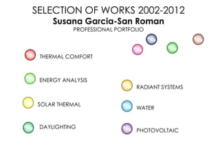 SELECTION OF WORKS 2002-2012
     Susana Garcia-San Roman
           PROFESSIONAL PORTFOLIO



 THERMAL COMFORT



 ENERGY ANALYSIS
                              RADIANT SYSTEMS


SOLAR THERMAL
                              WATER


 DAYLIGHTING
                              PHOTOVOLTAIC
 