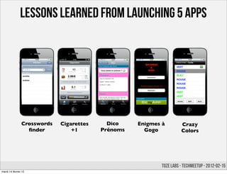 Lessons learned from launching 5 apps




                Crosswords   Cigarettes     Dico    Enigmes à         Crazy
                  ﬁnder          +1       Prénoms     Gogo            Colors




                                                            Toze Labs - TechMeetup - 2012-02-15
mardi 14 février 12
 