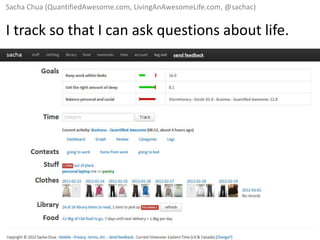 Sacha Chua (QuantifiedAwesome.com, LivingAnAwesomeLife.com, @sachac)


I track so that I can ask questions about life.
 