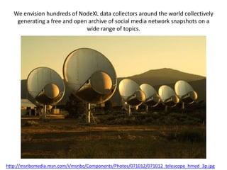 We envision hundreds of NodeXL data collectors around the world collectively
    generating a free and open archive of social media network snapshots on a
                              wide range of topics.




http://msnbcmedia.msn.com/i/msnbc/Components/Photos/071012/071012_telescope_hmed_3p.jpg
 