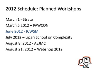 2012 Schedule: Planned Workshops
March 1 - Strata
March 5 2012 – PAWCON
June 2012 - ICWSM
July 2012 – Lipari School on Complexity
August 8, 2012 - AEJMC
August 21, 2012 – Webshop 2012
 