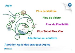 Agile

                        Plus de Maîtrise

                             Plus de Valeur

                               Plus de Flexibilité

                        Plus Tôt et Plus Vite

                 Adaptation au contexte

Adoption Agile des pratiques Agiles
                                                     17
 