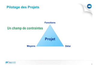 Pilotage des Projets



                          Fonctions

Un champ de contraintes

                          Projet
            Moyens                    Délai




                                              5
 