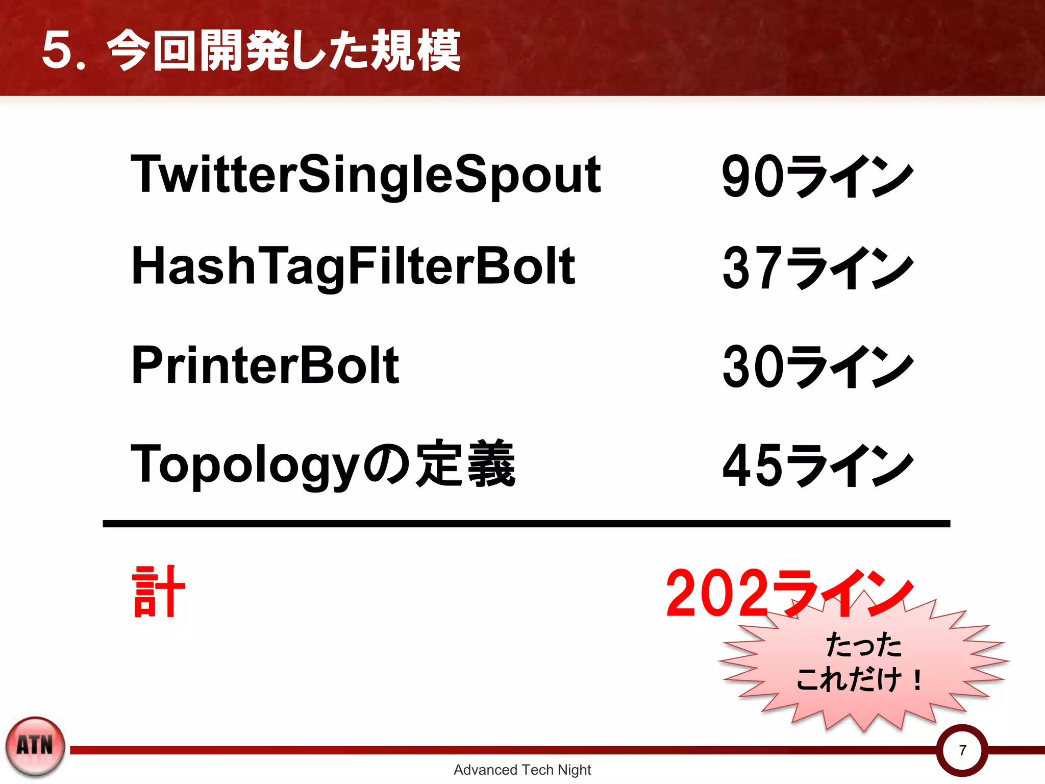 ５．今回開発した規模

  TwitterSingleSpout                   90ライン
  HashTagFilterBolt                    37ライン
  PrinterBolt                          30ライン
  Topologyの定義                          45ライン

  計                                   202ライン
                                          たった
                                         これだけ！

                                                 7
                Advanced Tech Night
 