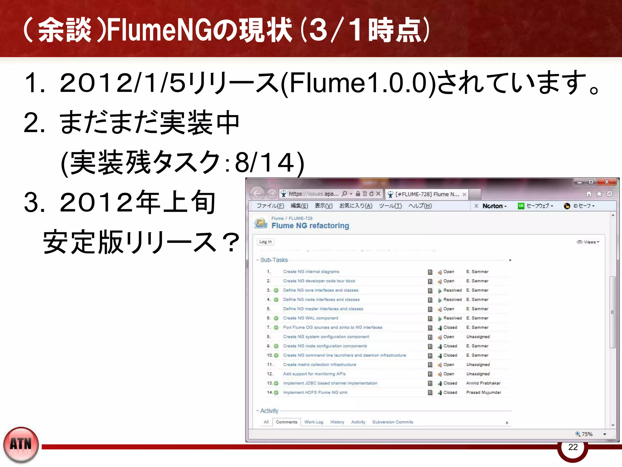（余談）FlumeNGの現状(３/１時点)
1. ２０１２/１/５リリース(Flume1.0.0)されています。
2. まだまだ実装中
   (実装残タスク：8/１４)
3. ２０１２年上旬
 安定版リリース？




                               22
 