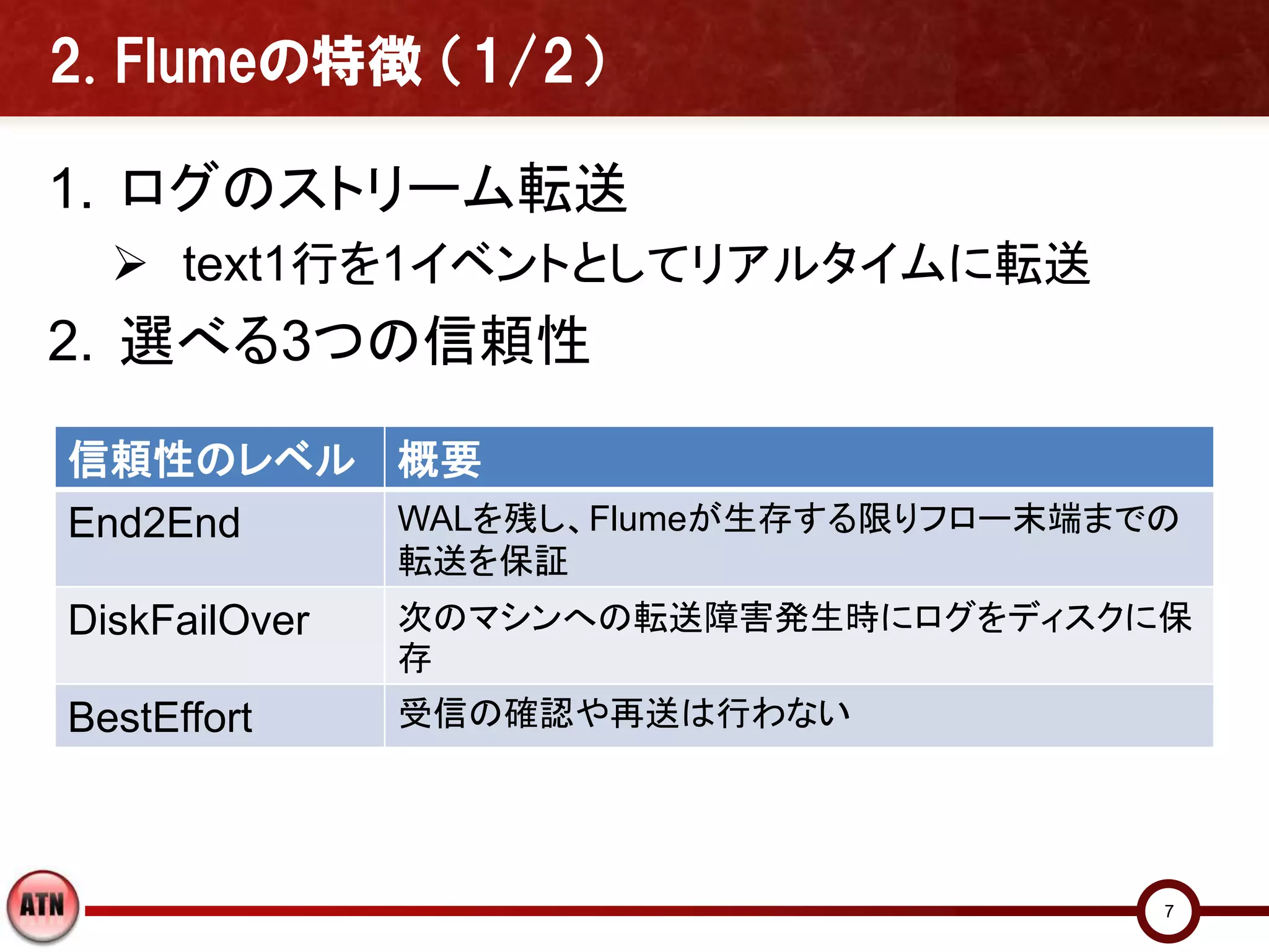 2. Flumeの特徴 （1/2）

1. ログのストリーム転送
   text1行を1イベントとしてリアルタイムに転送
2. 選べる3つの信頼性

信頼性のレベル 概要
End2End WALを残し、Flumeが生存する限りフロー末端までの
               転送を保証
DiskFailOver   次のマシンへの転送障害発生時にログをディスクに保
               存
BestEffort     受信の確認や再送は行わない




                                      7
 