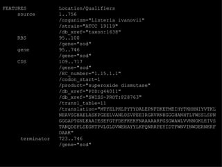 FEATURES  Location/Qualifiers source  1..756 /organism="Listeria ivanovii" /strain="ATCC 19119" /db_xref="taxon:1638" RBS  95..100 /gene="sod" gene  95..746 /gene="sod" CDS  109..717 /gene="sod" /EC_number="1.15.1.1" /codon_start=1 /product="superoxide dismutase" /db_xref="PID:g44011" /db_xref="SWISS-PROT:P28763" /transl_table=11 /translation="MTYELPKLPYTYDALEPNFDKETMEIHYTKHHNIYVTKL NEAVSGHAELASKPGEELVANLDSVPEEIRGAVRNHGGGHANHTLFWSSLSPN GGGAPTGNLKAAIESEFGTFDEFKEKFNAAAAARFGSGWAWLVVNNGKLEIVS TANQDSPLSEGKTPVLGLDVWEHAYYLKFQNRRPEYIDTFWNVINWDERNKRF DAAK" terminator  723..746 /gene="sod" 