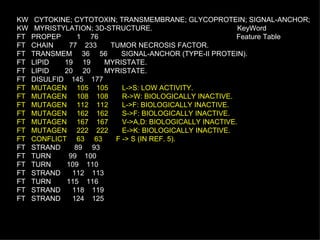 KW  CYTOKINE; CYTOTOXIN; TRANSMEMBRANE; GLYCOPROTEIN; SIGNAL-ANCHOR; KW  MYRISTYLATION; 3D-STRUCTURE.  KeyWord FT  PROPEP  1  76  Feature Table FT  CHAIN  77  233  TUMOR NECROSIS FACTOR. FT  TRANSMEM  36  56  SIGNAL-ANCHOR (TYPE-II PROTEIN). FT  LIPID  19  19  MYRISTATE. FT  LIPID  20  20  MYRISTATE. FT  DISULFID  145  177 FT  MUTAGEN  105  105  L->S: LOW ACTIVITY. FT  MUTAGEN  108  108  R->W: BIOLOGICALLY INACTIVE. FT  MUTAGEN  112  112  L->F: BIOLOGICALLY INACTIVE. FT  MUTAGEN  162  162  S->F: BIOLOGICALLY INACTIVE. FT  MUTAGEN  167  167  V->A,D: BIOLOGICALLY INACTIVE. FT  MUTAGEN  222  222  E->K: BIOLOGICALLY INACTIVE. FT  CONFLICT  63  63  F -> S (IN REF. 5). FT  STRAND  89  93 FT  TURN  99  100 FT  TURN  109  110 FT  STRAND  112  113 FT  TURN  115  116 FT  STRAND  118  119 FT  STRAND  124  125 