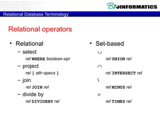 Relational Database Terminology Relational operators Relational select rel   WHERE   boolean-xpr project rel   [   attr-specs   ] join rel   JOIN   rel divide by rel   DIVIDEBY   rel Set-based  rel   UNION  rel    rel   INTERSECT  rel   \ rel   MINUS  rel    rel   TIMES  rel 