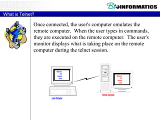 What is Telnet? Once connected, the user's computer emulates the remote computer.  When the user types in commands, they are executed on the remote computer.  The user's monitor displays what is taking place on the remote computer during the telnet session. The procedure for connecting to a remote computer will depend on how your Internet access is set-up. 
