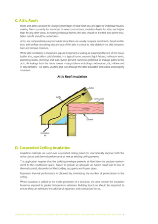 C. Attic Roofs
     Roofs and attics account for a large percentage of total heat loss and gain for individual houses,
     making them a priority for insulation. In new constructions, insulation levels for attics are higher
     than for any other areas. In existing individual homes, the attic should be the first area where insu-
     lation retrofit should be undertaken.
     Attics are comparatively easy to insulate since there are usually no space constraints. Good ventila-
     tion, with airflow circulating into and out of the attic is critical to help stabilize the attic tempera-
     ture and remove moisture.
     While attic ventilation is important, equally important is sealing air leaks from the rest of the house
     to the attic, especially in cold climates. In a typical home, recessed light fixtures, bathroom vents,
     plumbing stacks, chimneys and wall cavities present numerous potential air leakage paths to the
     attic. Air leakage from the house causes many problems including condensation, rot, mildew and
     in cold climates – ice dams. Ducting that runs through the attic should be well sealed and properly
     insulated.

                                           Attic Roof Insulation




D. Suspended Ceiling Insulation
     Insulation materials are used over suspended ceiling panels to economically improve both the
     noise control and thermal performance of new or existing ceiling systems.
     This application requires that the building envelope prevents air flow from the outdoor environ-
     ment to the conditioned space. Failure to provide an adequate air barrier could lead to loss of
     thermal control, discomfort of the building occupants and frozen pipes.
     Maximum thermal performance is obtained by minimizing the number of penetrations in the
     ceiling.
     When insulation is added to the inside perimeter of a structure, the area outside the insulation
     becomes exposed to greater temperature extremes. Building structures should be inspected to
     ensure they can withstand the additional expansion and contraction forces.




INCREASING ENERGY EFFICIENCY IN BUILDINGS WITH INTERNAL INSUL ATION: THE EUROPEAN GYPSUM INDUSTRY SOLUTIONS I 9
 