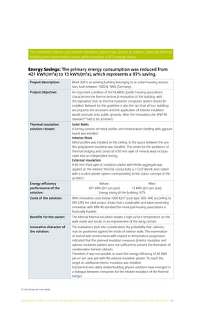 The combined interior and exterior insulation system was chosen to address potential thermal
         bridging and condensation issues, while providing a 97% energy saving.


        Energy Savings: The primary energy consumption was reduced from
        421 kWh//m2a) to 13 kWh/(m2a), which represents a 97% saving.
          Project description:       Block 300 is an existing building belonging to an urban housing associa-
                                     tion, built between 1920  1950 (Germany).
          Project Objective:         An important condition of the NUWOG (public housing association)
                                     characterizes the thermo-technical renovation of the building, with
                                     the stipulation that no thermal insulation composite system should be
                                     installed. Relevant for this guideline is also the fact that all four buildings
                                     are property line structures and the application of exterior insulation
                                     would protrude onto public grounds. After the renovation, the KFW 40
                                     standard10 had to be achieved.
          Thermal insulation         Solid Walls
          solution chosen:           A furring consists of metal profiles and mineral wool cladding with gypsum
                                     board was installed.
                                     Interior Floor
                                     Metal profiles was installed on the ceiling. In the space between the pro-
                                     files polystyrene insulation was installed. This serves for the avoidance of
                                     thermal bridging and consist of a 50 mm layer of mineral wool incorpo-
                                     rated into an independent furring.
                                     External insulation
                                     A 60 mm thick layer of insulation plaster with Perlite-aggregate was
                                     applied on the exterior thermal conductivity λ = 0,07 W/mK and coated
                                     with a scratch plaster system corresponding to the colour concept of the
                                     architect
          Energy efficiency          	                   Before: 	                          After:
          performance of the         	            421 kWh /(m2 per year)	        13 kWh /(m2 per year)
          solution:                                     Energy saving of the building: 97%
          Costs of the solution:     With renovation costs below 1000 €/m2 (cost type 300- 400 according to
                                     DIN 276) the pilot project shows that a sustainable and value-preserving
                                     renovation with KfW 40 standard for municipal housing associations is
                                     financially feasible.
          Benefits for the owner:    The internal thermal insulation evokes a high surface temperature on the
                                     walls inside and results in an improvement of the living climate.
          Innovative character of    The evaluations took into consideration the probability that cabinets
          the solution:              may be positioned against the inside of exterior walls. The examination
                                     of several wall constructions with respect to temperature progression
                                     indicated that the planned insulation measures (interior insulation and
                                     exterior insulation plaster) were not sufficient to prevent the formation of
                                     condensation behind cabinets.
                                     Therefore, it was not possible to reach the energy efficiency of 40 kWh
                                     per m2 per year just with the exterior insulation plaster. To reach this
                                     target an additional interior insulation was installed.
                                     Economical and safety related building physics solutions have emerged in
                                     a dialogue between companies for the reliable insulation of the thermal
                                     bridges


10. See Glossary for more details




INCREASING ENERGY EFFICIENCY IN BUILDINGS WITH INTERNAL INSUL ATION: THE EUROPEAN GYPSUM INDUSTRY SOLUTIONS I 21
 