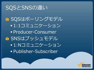 SQSとSNSの違い

 SQSはポーリングモデル
  1:1コミュニケーション
  Producer-Consumer
 SNSはプッシュモデル
  1:Nコミュニケーション
  Publisher-Subscriber
 