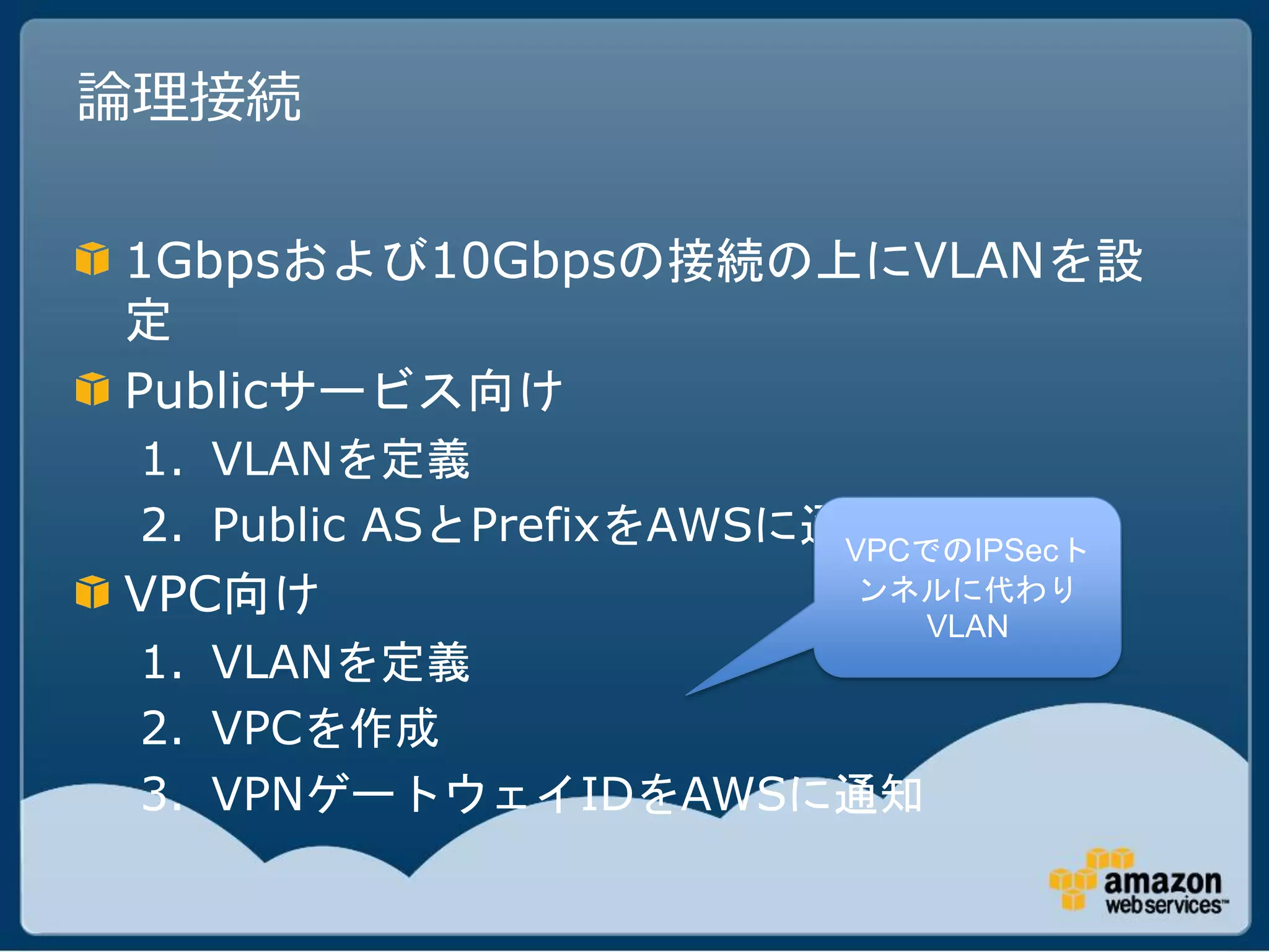 論理接続

1Gbpsおよび10Gbpsの接続の上にVLANを設
定
Publicサービス向け
 1. VLANを定義
 2. Public ASとPrefixをAWSに通知
                          VPCでのIPSecト
VPC向け                       ンネルに代わり
                              VLAN
 1. VLANを定義
 2. VPCを作成
 3. VPNゲートウェイIDをAWSに通知
 