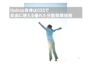 Hadoop自体はOSSで
自由に使える優れた分散処理技術




                  12
 