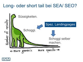 Long- oder short tail bei SEA/ SEO?

       Süssigkeiten.

                       Spez. Landingpages
          Schoggi.

                        Schoggi selber
                        machen.
 