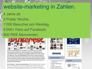 website-marketing in Zahlen.
4 Jahre alt.
5 Posts/ Woche.
1‘000 Besucher pro Werktag.
5‘000+ Fans auf Facebook.
900 RSS Abonnenten.
 