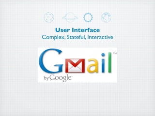 User Interface
Complex, Stateful, Interactive
 